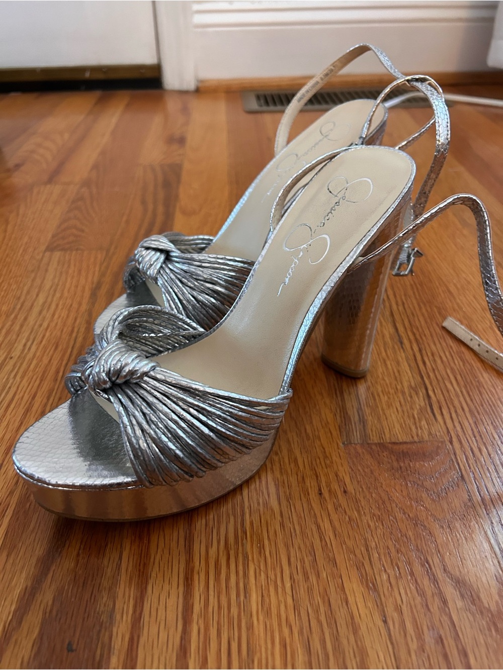 Jessica Simpson Metallic Silver Knotted Slingback Platform Heels